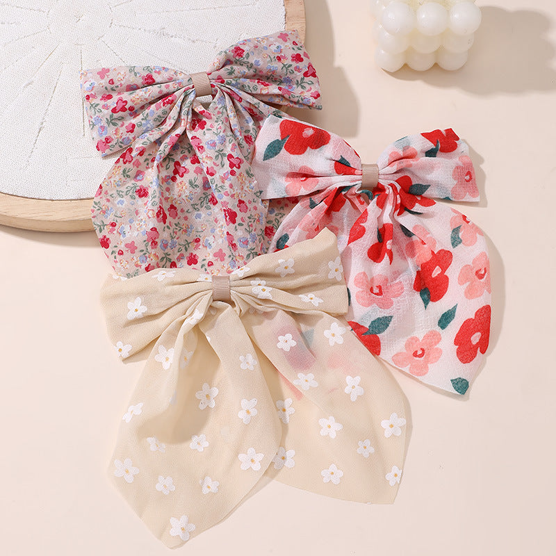 Natural Style Double-Layer Bow Hair Clip with Floral Print Satin Ribbon and Spring Clamp for Girls