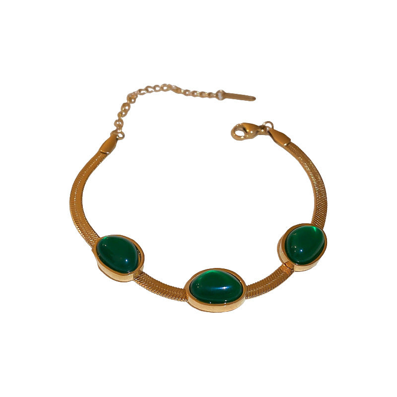 Vintage Geometric Titanium Steel Plated Bracelet for Women with Emerald Green Accents Elegant Minimalist Designer Cuff
