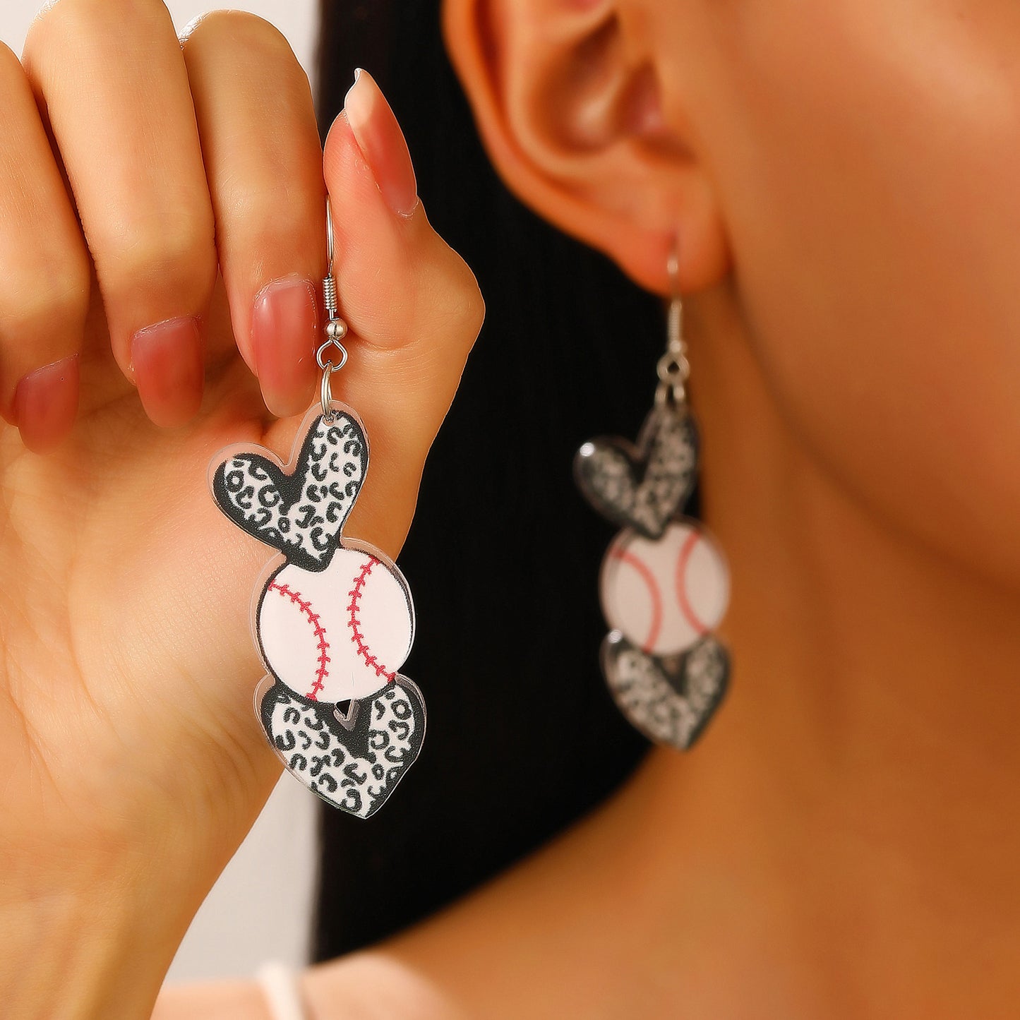 Vintage Acrylic Heart Stud Earrings with Sports Ball Print for Women