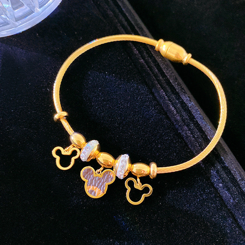 Minimalist Luxury Hollow Mickey Cartoon Leather Titanium Steel Bracelet Gold Plated