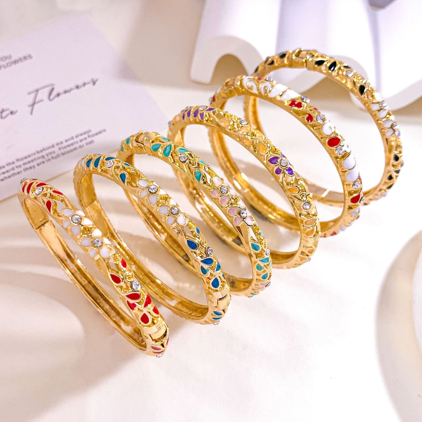 Elegant Floral Enamel Cubic Zirconia Inlaid Alloy Bangle Bracelet