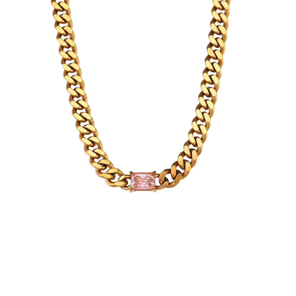 Collana Minimalista Rettangolare con Zirconi su Catena Cubana in Acciaio Inossidabile per Donne