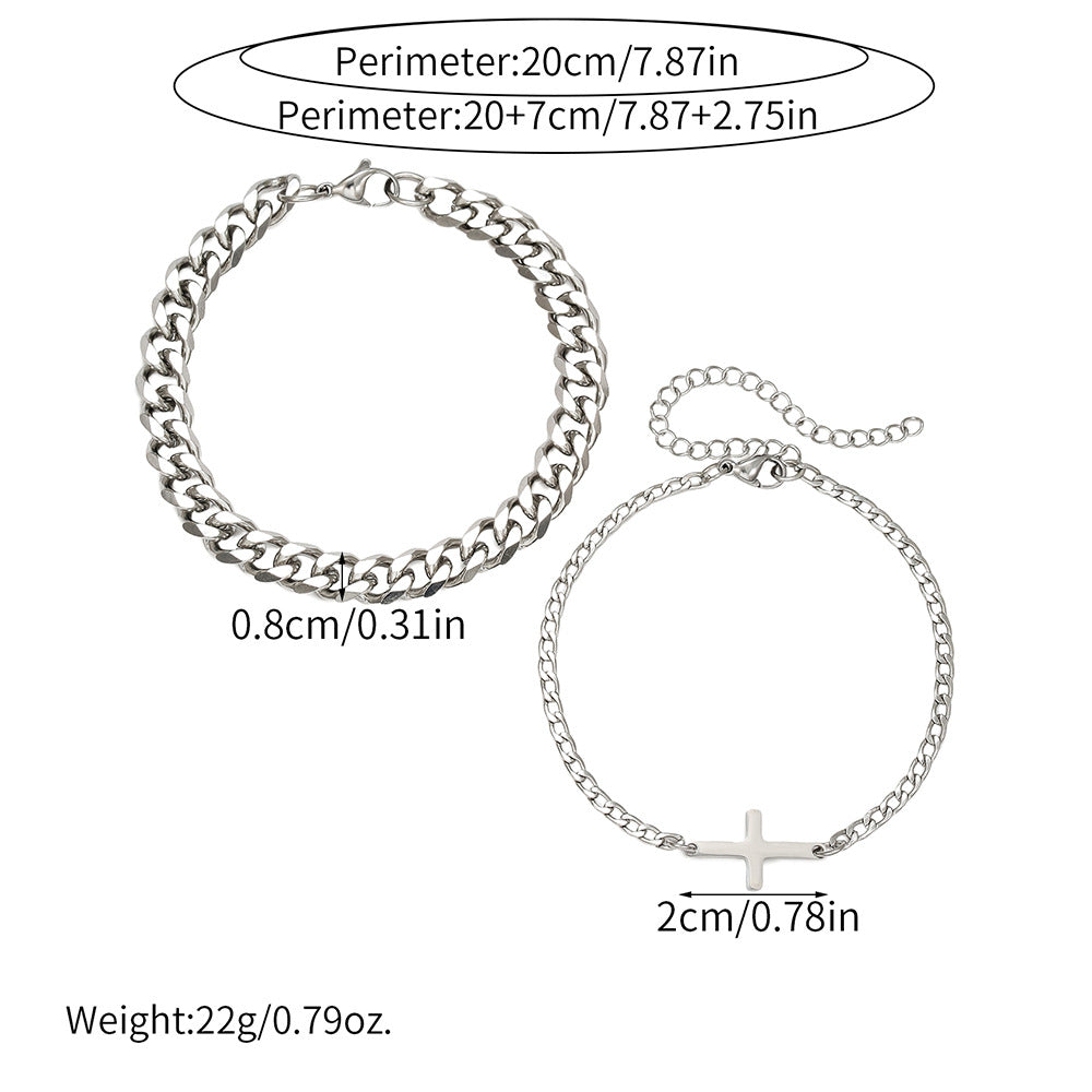 Streetwear Hip-hop Stainless Steel Cuban Link Chain Cross Geometric Bracelet Set for Unisex