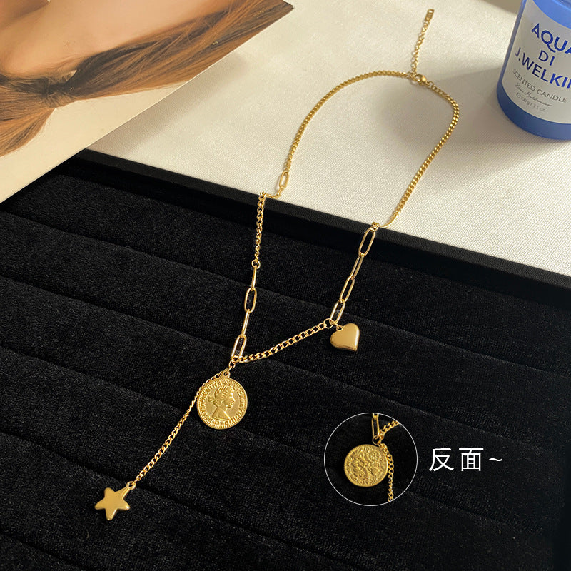 Round Queen Head Tassel Star Titanium Steel Plated Pendant Necklace with Cable Chain