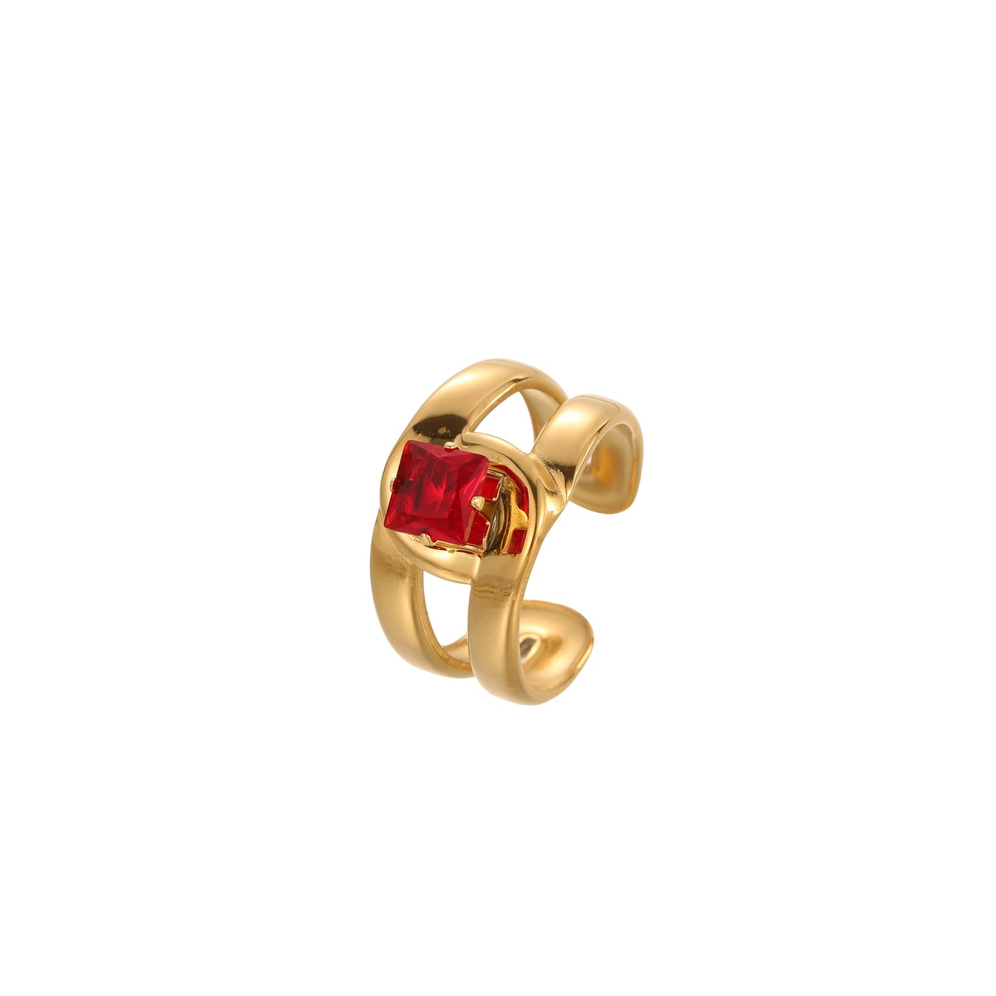 Anello da donna minimalista geometrico in acciaio al titanio con intarsio in zircone rosso regolabile a fascia aperta
