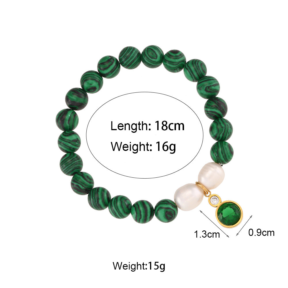 Bracciale da donna alla moda in acciaio inossidabile placcato oro 18 carati, con perline di pietra naturale e zirconi geometrici