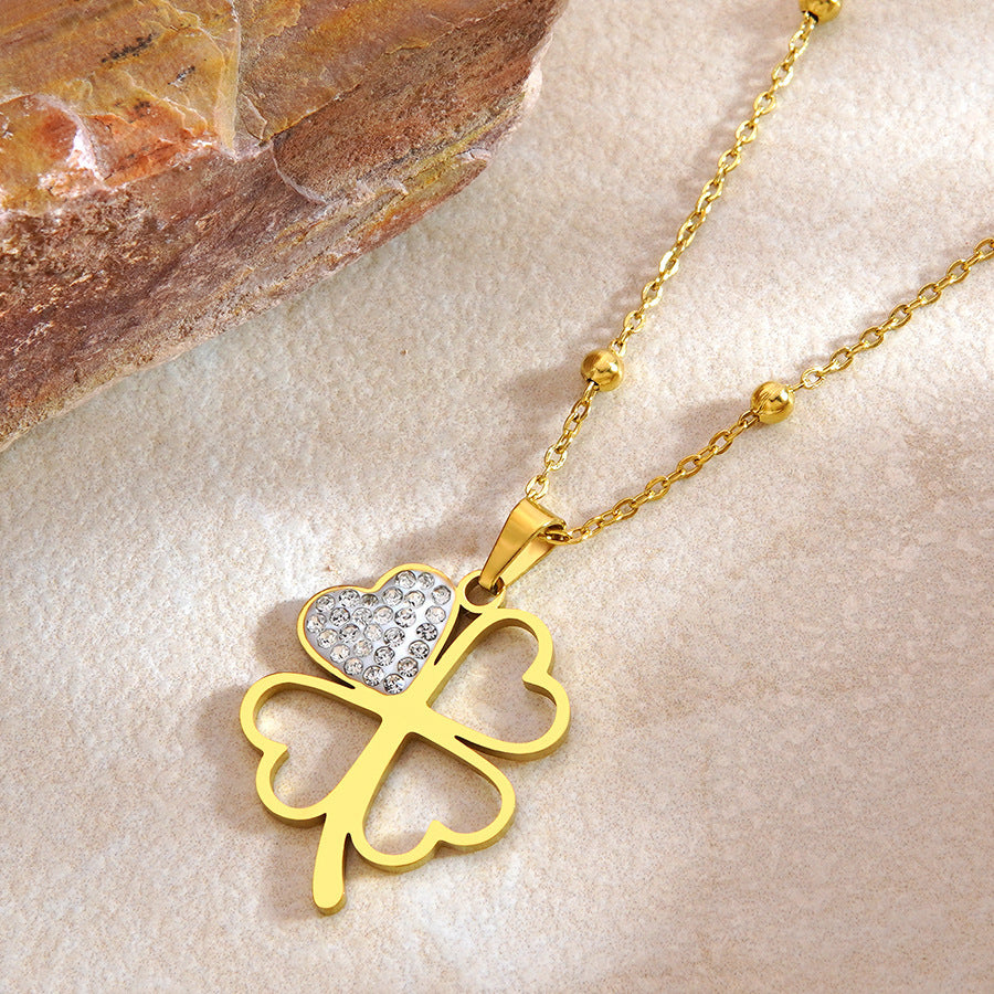 Elegant Rhinestone Inlaid Floral Stainless Steel Necklace for Women