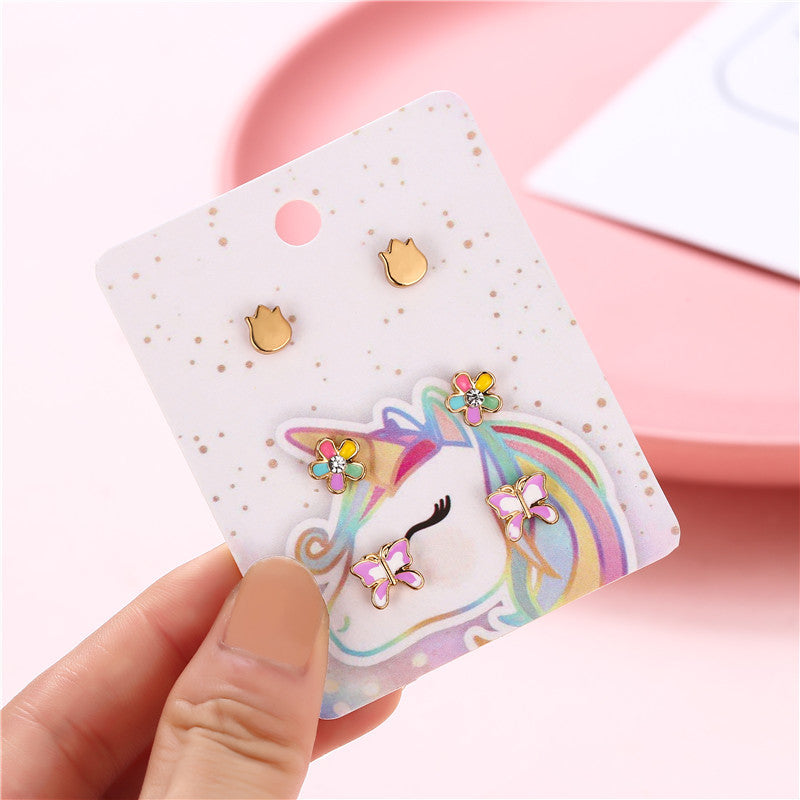 Aretes de tuerca de aleación con forma de corazón de dibujos animados para niñas con diseño floral esmaltado estilo dulce princesa