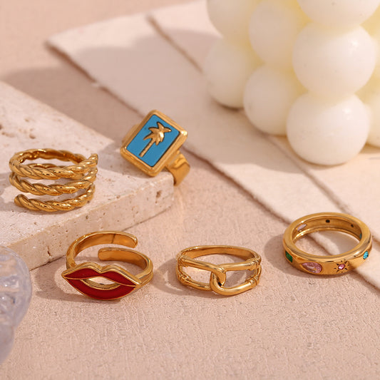 Anello da donna alla moda aperto a forma di labbra in stile vintage, in acciaio inossidabile placcato oro 18 carati e design geometrico