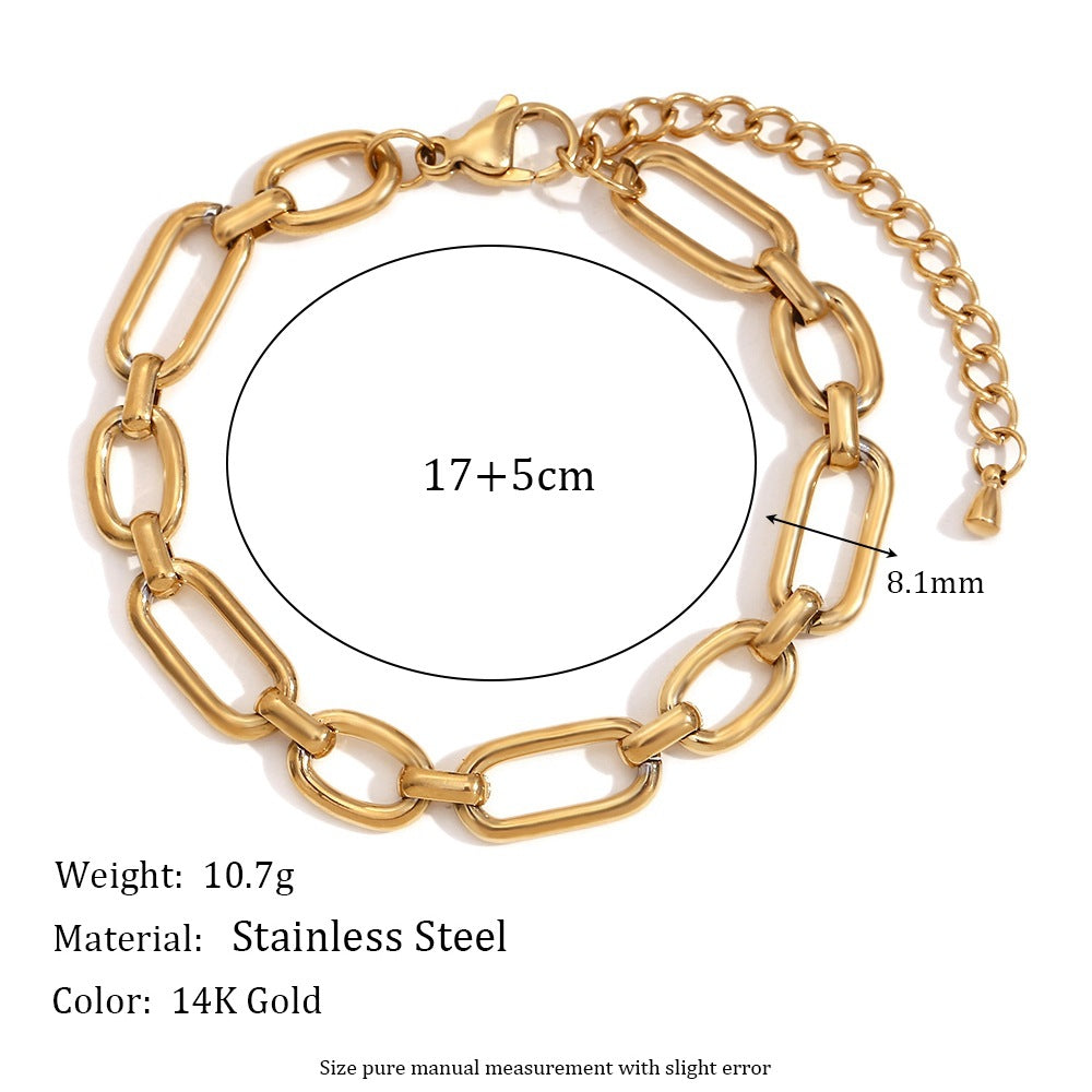 Minimalist Geometric Stainless Steel Plated 14K Gold Safety Pin Link Wide Bracelet for Women
