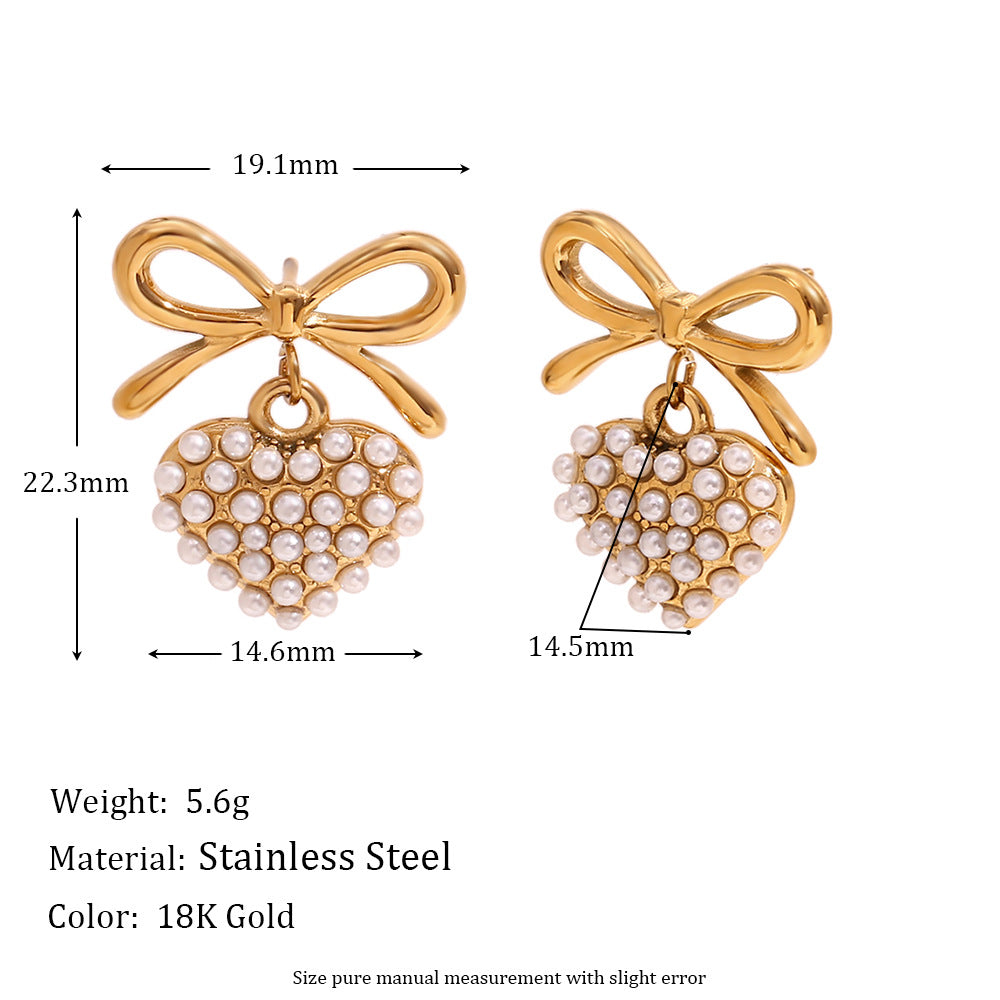 Orecchini a perno da donna a forma di fiocco in acciaio inossidabile stile vintage francese con accento di perla