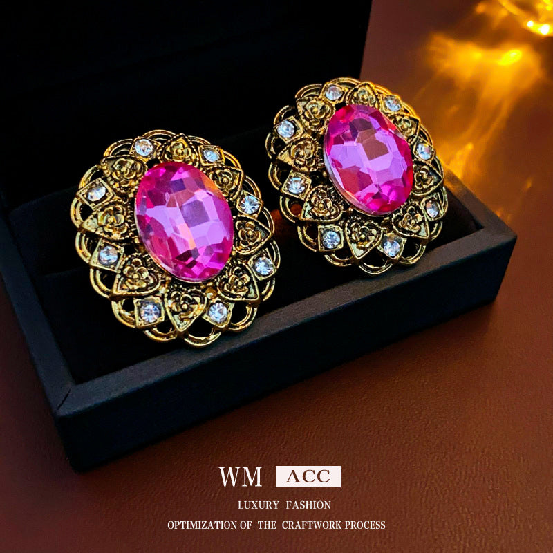Orecchini ovali geometrici stile vintage con intarsio in strass e lega placcata con finitura anticata, perno in acciaio inossidabile da donna