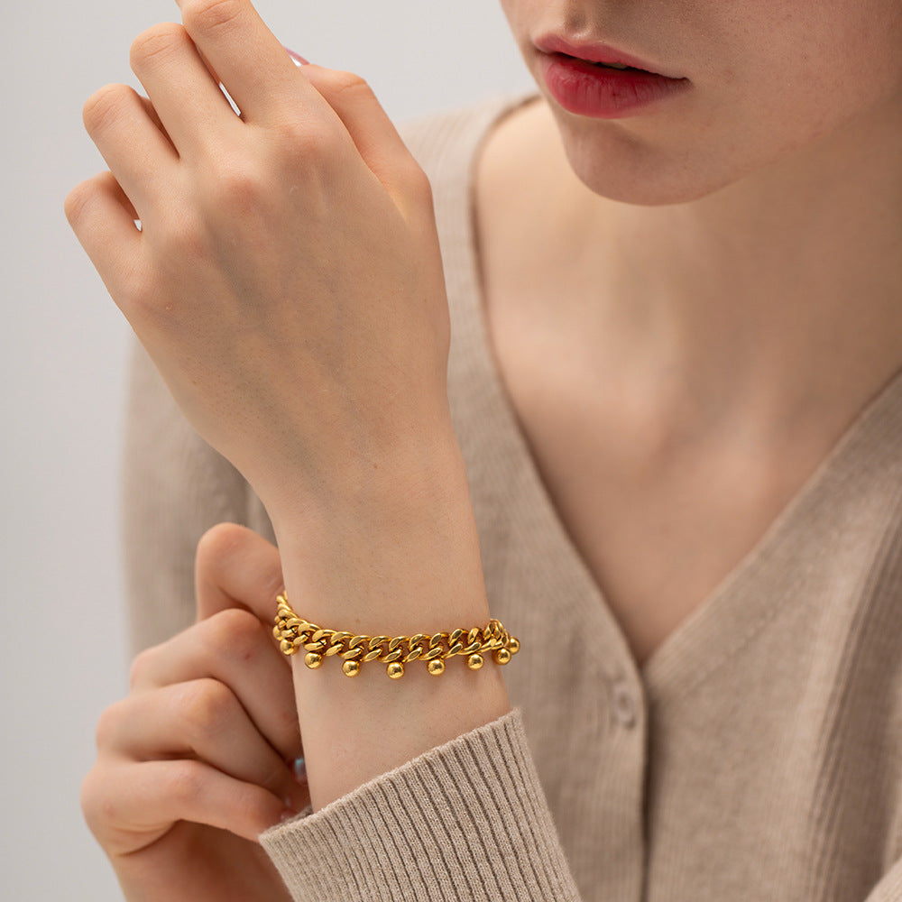 Trendy Geometric Tassel Bracelet 18K Gold Plated Stainless Steel Cuban Chain Beaded Design for Women