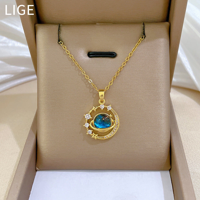 Collana Pendente Geometrica Luna e Stella Stile Cartone Animato per Donne, Catena Sottile in Acciaio Inossidabile con Strass Completi