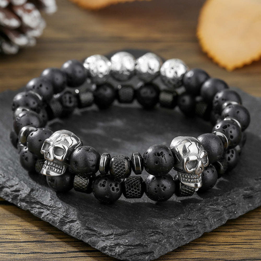 Vintage Hip-hop Sporty Geometric Round Stainless Steel Agate Beaded Bracelet for Men and Women