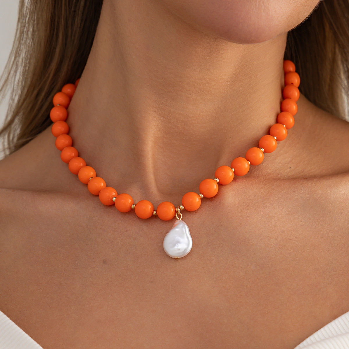 Vintage Geometric Acrylic Beaded Necklace with Baroque Pearl Pendant for Women