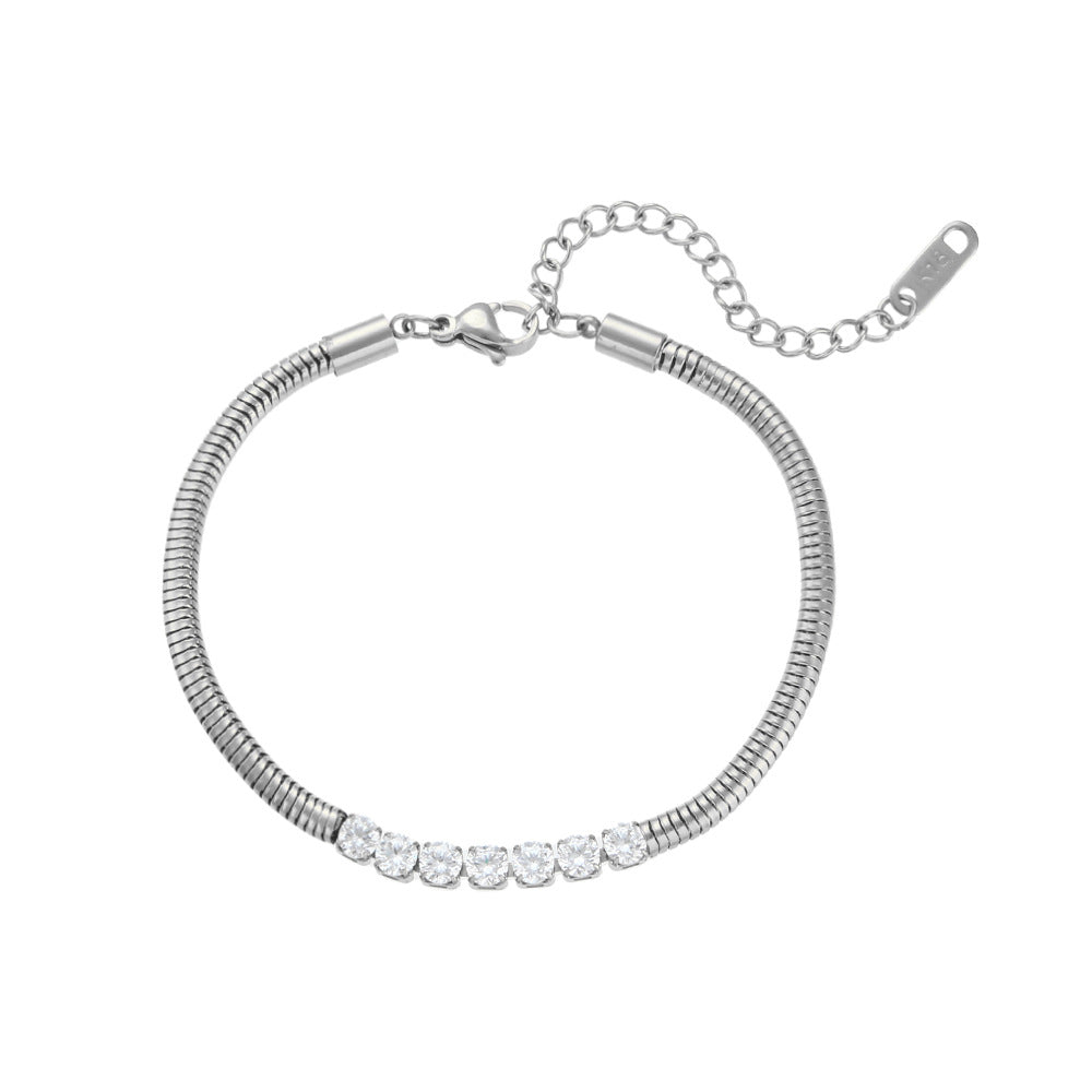 Bracciale da donna in acciaio inossidabile placcato oro 18 carati, con perline micro-incastonate e catena, stile geometrico alla moda