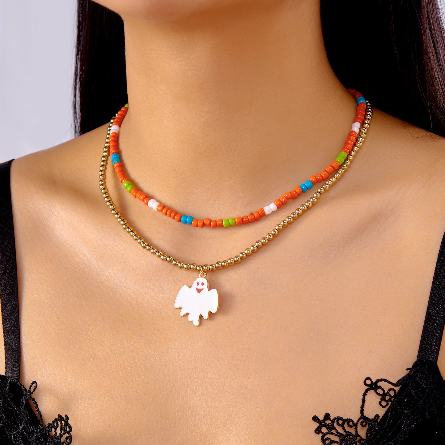 Juego de collar con colgante de gato fantasma vintage con abalorio de cristal y diseño geométrico para mujer, accesorio de fiesta de Halloween