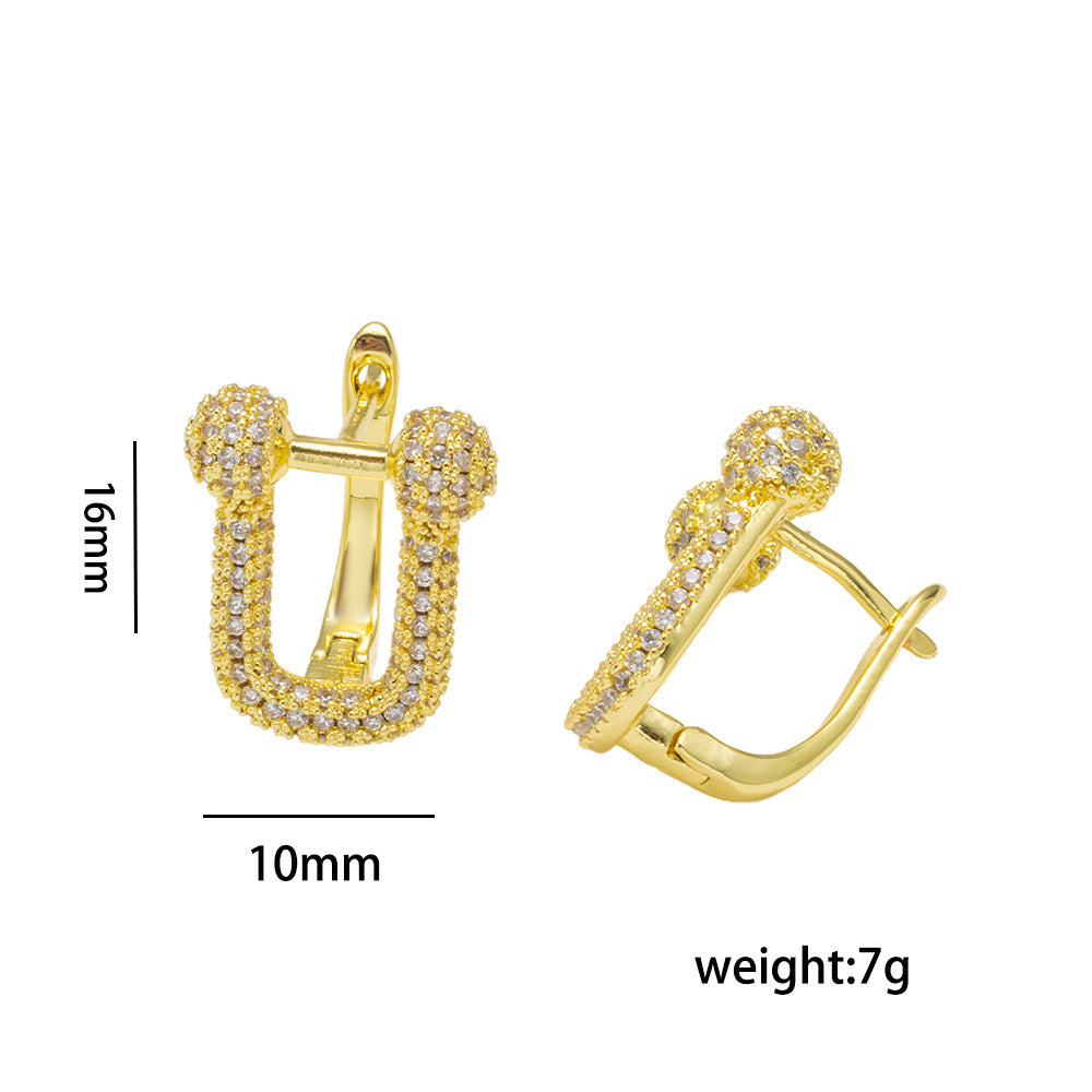 Minimalist Modern Geometric Horse-Shoe and C-Shape Stud Earrings for Women with Gold-Plated Copper and Rhinestone Inlay
