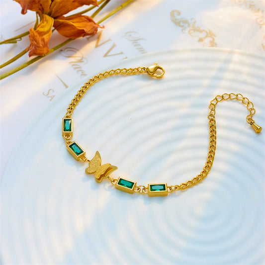 Vintage Minimalist Green Rhinestone Butterfly Square Titanium Steel Bracelet for Women