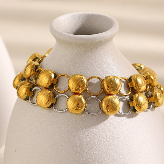 Bracciale da donna alla moda vintage geometrico in acciaio inossidabile placcato oro 18 carati con piccole perline d'oro