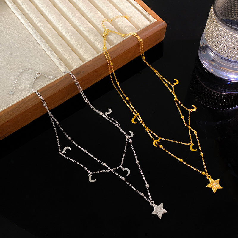 Vintage Titanium Steel Star Moon Geometric Tassel Pendant Necklace