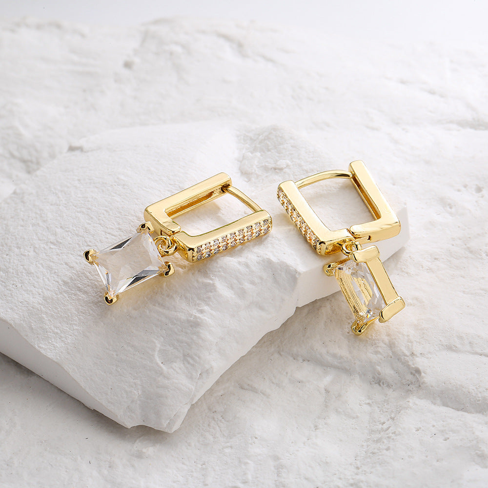 Minimalist Geometric Copper Earrings with Gold Plating and Zircon Accents for Women