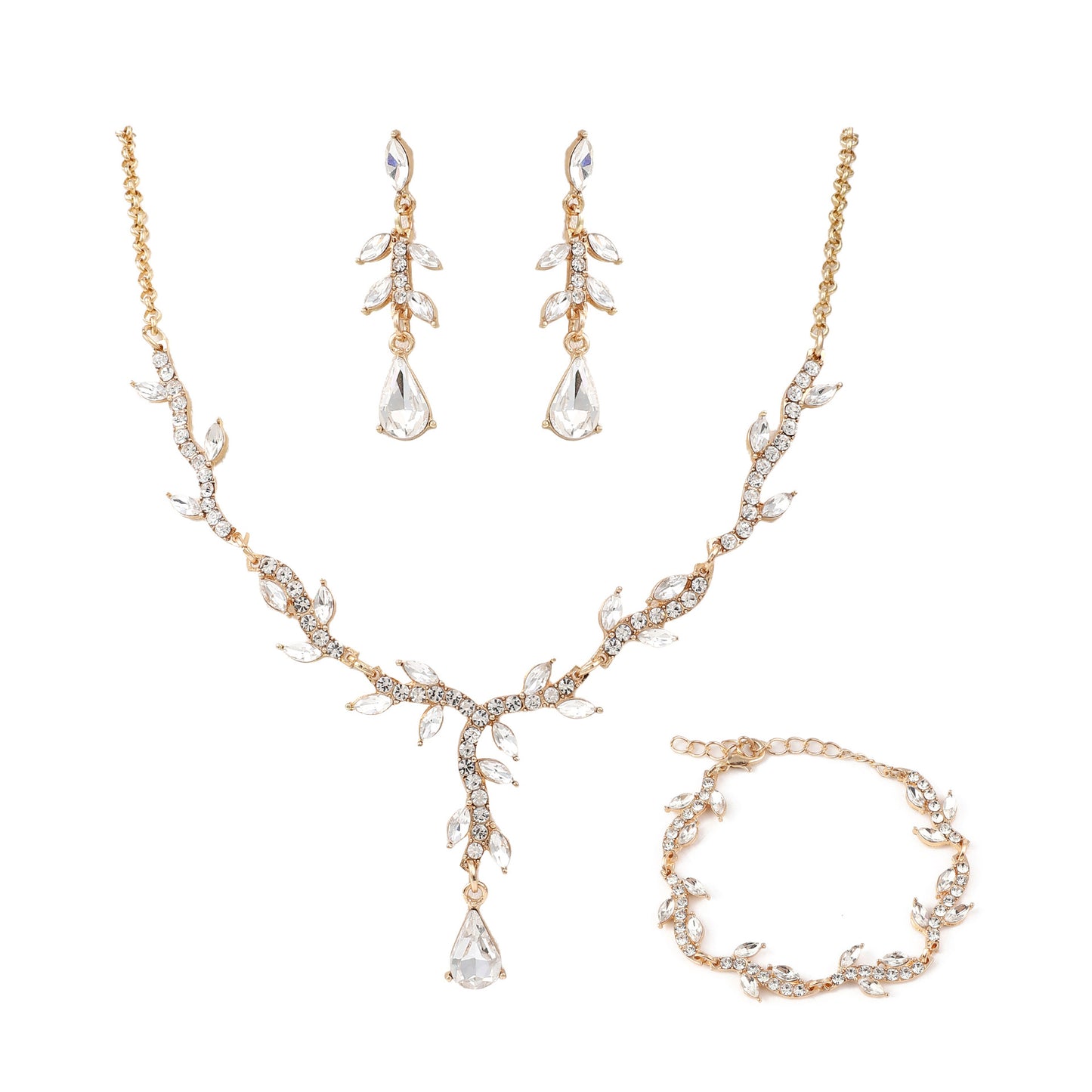 Natural Style Water Drop Shaped Alloy Necklace Set with Rhinestone Inlay for Women Featuring O-Chain, Earrings and Bracelet