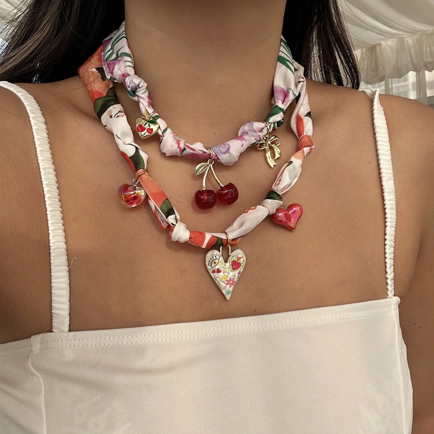 Sweet Colorful Braided Alloy Fruit Floral Pendant Ribbon Necklace for Women