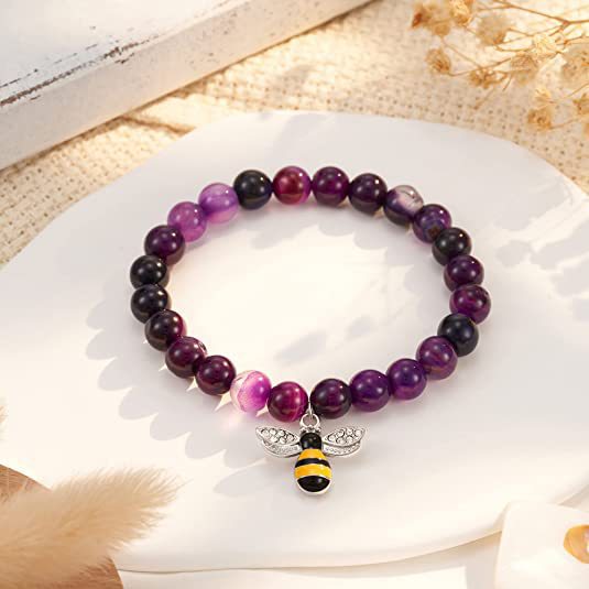 Natural Agate Bee Charm Bracelet Handmade Elastic Beaded String Unisex Jewelry