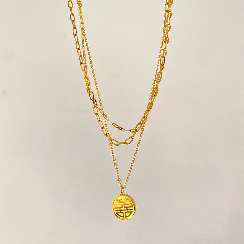 Minimalist Round Double Happiness Letter Titanium Steel PVD Necklace for Unisex