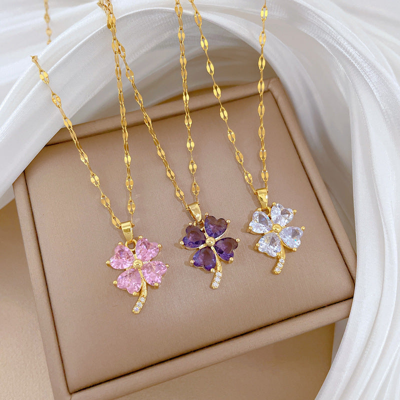 Sweet Minimalist Geometric Floral Inlaid Cubic Zirconia Brass Pendant Titanium Steel Necklace for Women
