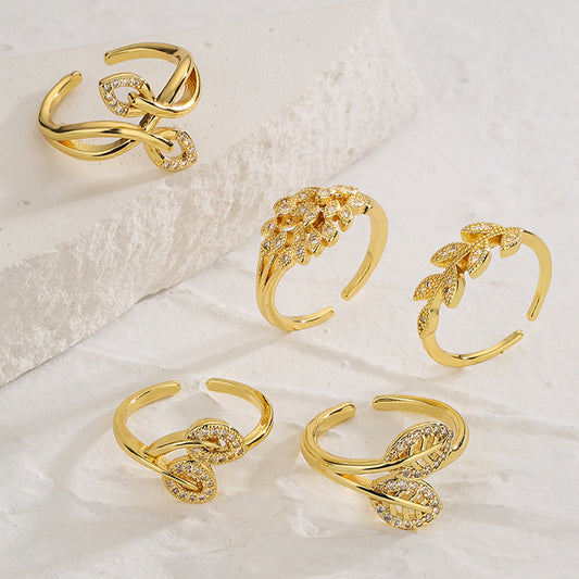 Anello minimalista a forma di foglia da donna, in ottone placcato oro 18 carati e zirconi micro-incastonati