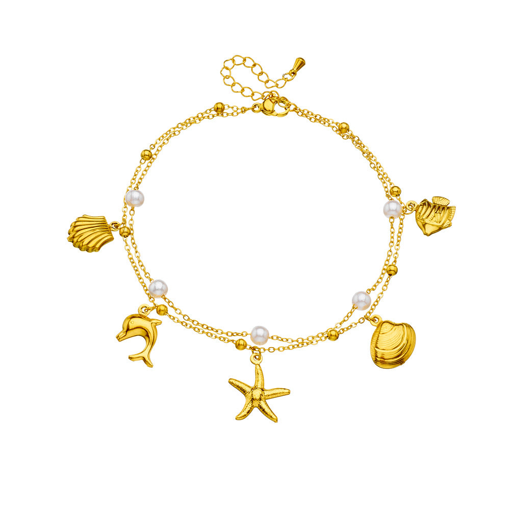 Beach Vacation Ocean Style Stainless Steel Shell Starfish Tropical Fish Pendant Anklet for Women