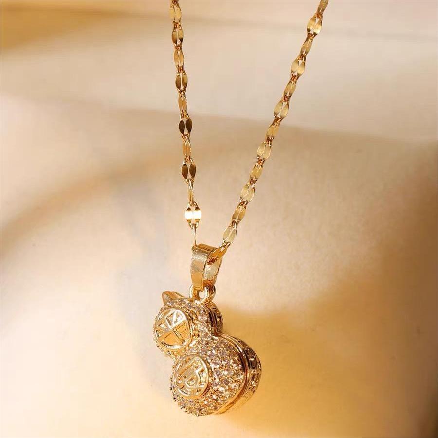 Fashionable Double-Sided Gourd Pendant Necklace in Titanium Steel with Zircon Inlay, Peanut-Shaped Charm, Snake Chain Style for Women and Men