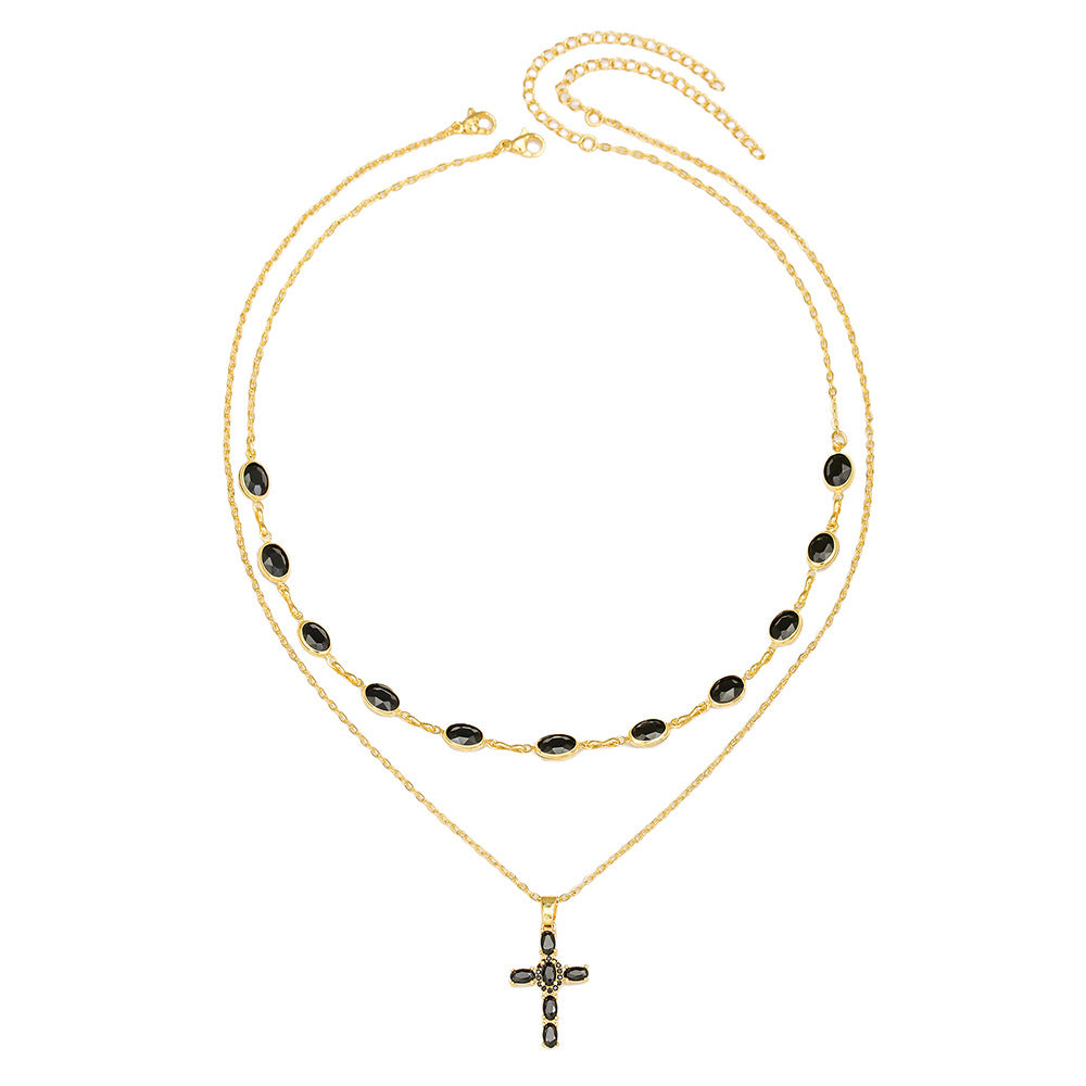 Hip-hop Sweet Geometric Cross Cubic Zirconia Brass Pendant Necklace with Box Chain