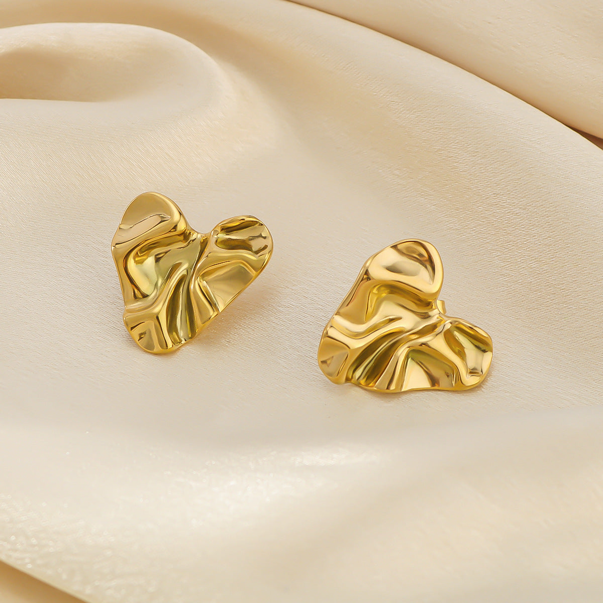 Minimalist Heart-Shaped Stainless Steel Earrings with 18K Gold Plating and Textured Folded Surface for Women
