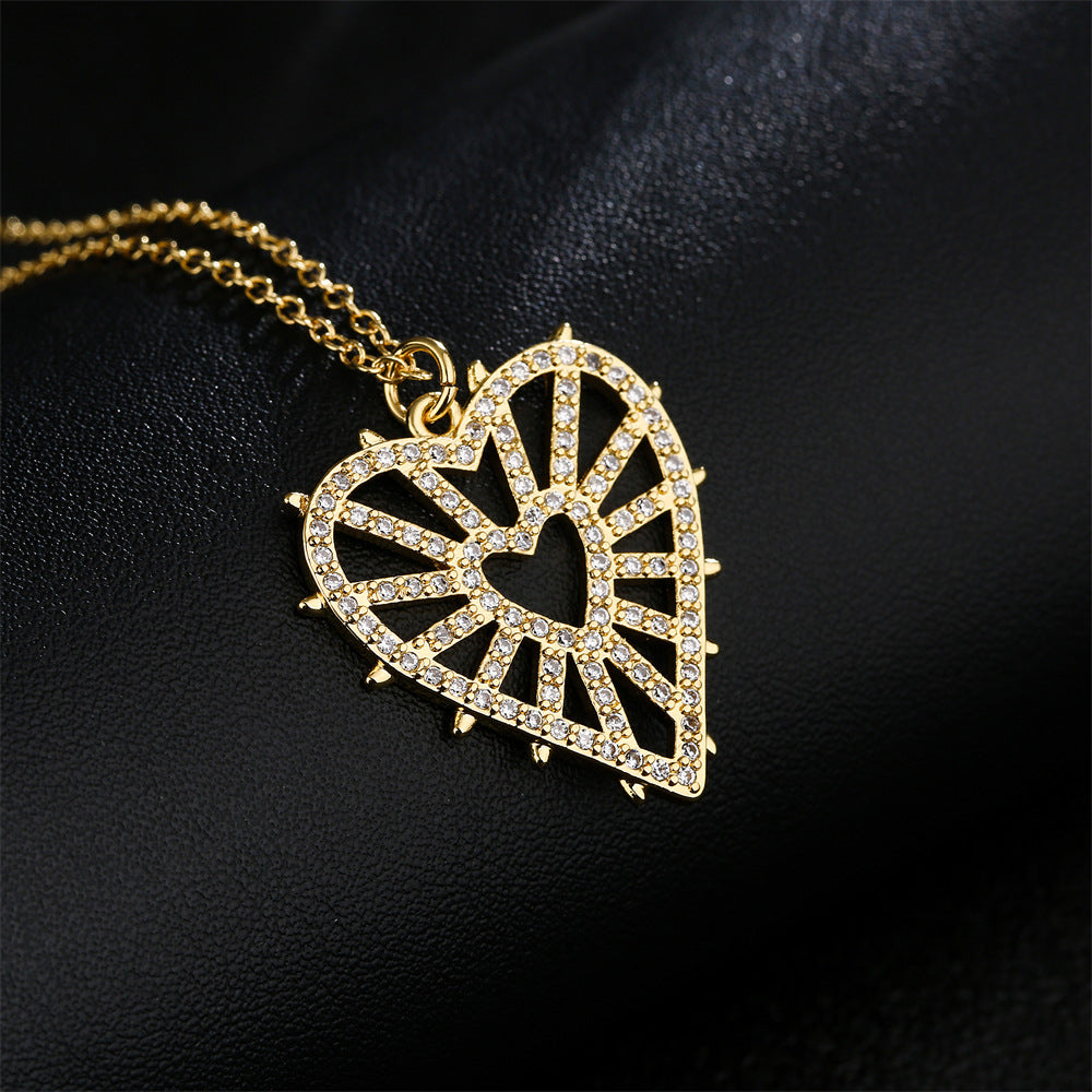 Minimalist Hollow Heart Pendant Necklace in Copper with 18K Gold Plating and Enamel Finish, Accented with Zircon Eyes