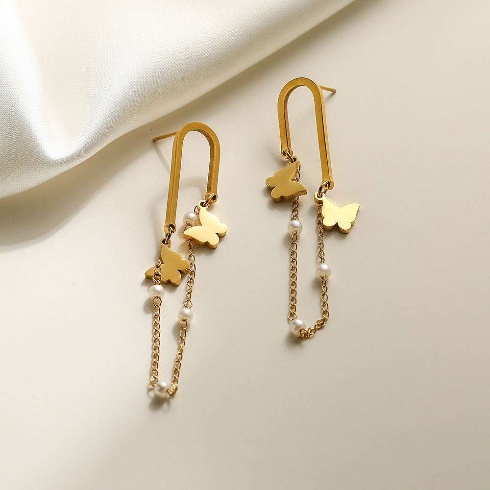 Minimalist Titanium Steel Butterfly and Floral Tassel Long Chain Earrings with Plated Finish