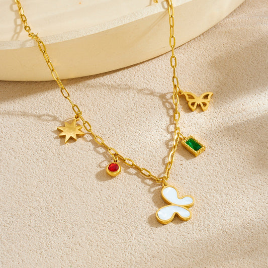 Minimalist Casual Geometric Round Square Gold Plated Rhinestone Butterfly Pendant Necklace for Women