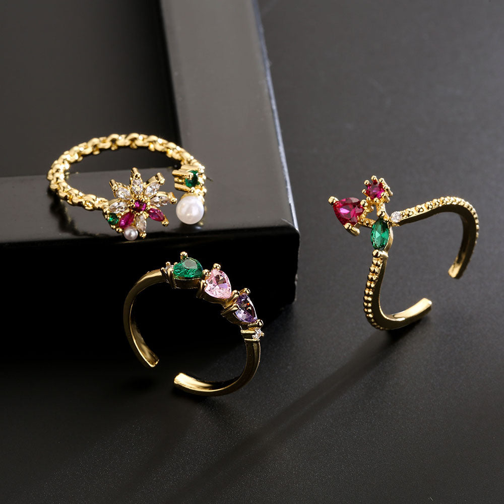 Ins Style 18K Gold Plated Copper Micro-Paved Zircon Irregular Geometric Open Ring for Women