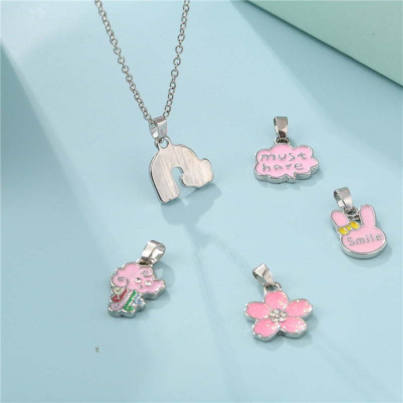 Collana con Ciondolo a Barra in Lega Animale Floreale a Cartone Animato Smaltato con Catena a Maglie per Bambini