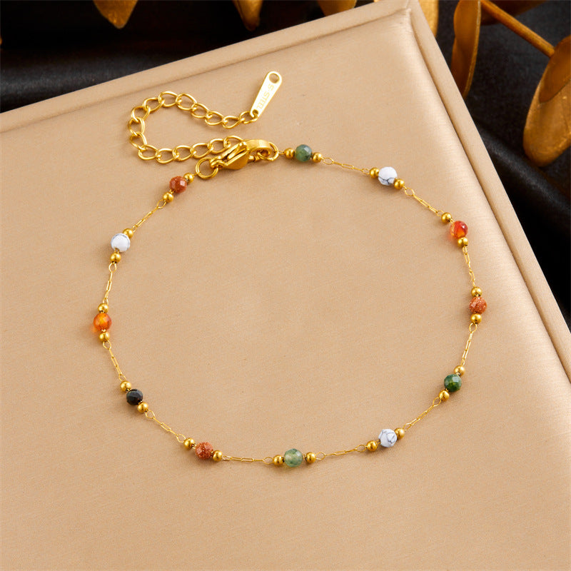 Vintage Bohemian Colored Stones Stainless Steel Plated Chain Bracelet