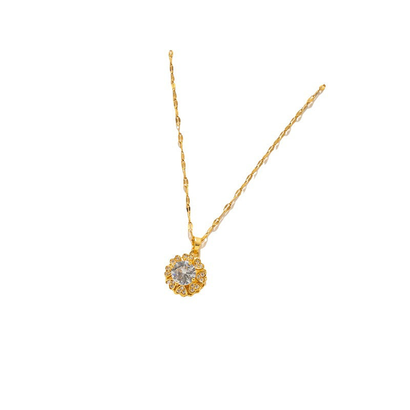 Luxury Rotating Double-Layer Heart-Shaped Petal Pendant Necklace in Titanium Steel with Micro-Pavé Zirconia and Wavy Chain