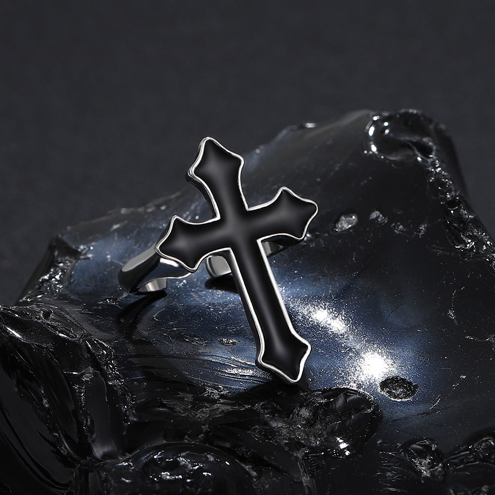 Anillo gótico negro grande ajustable con forma de cruz para hombres y mujeres, banda de aleación con acabado galvanizado