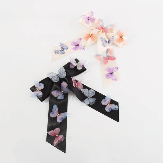 Sweet and Edgy Butterfly Hair Clip with Rhinestone Inlay on Satin Fabric and Tulle, Spring Clamp Design for Women