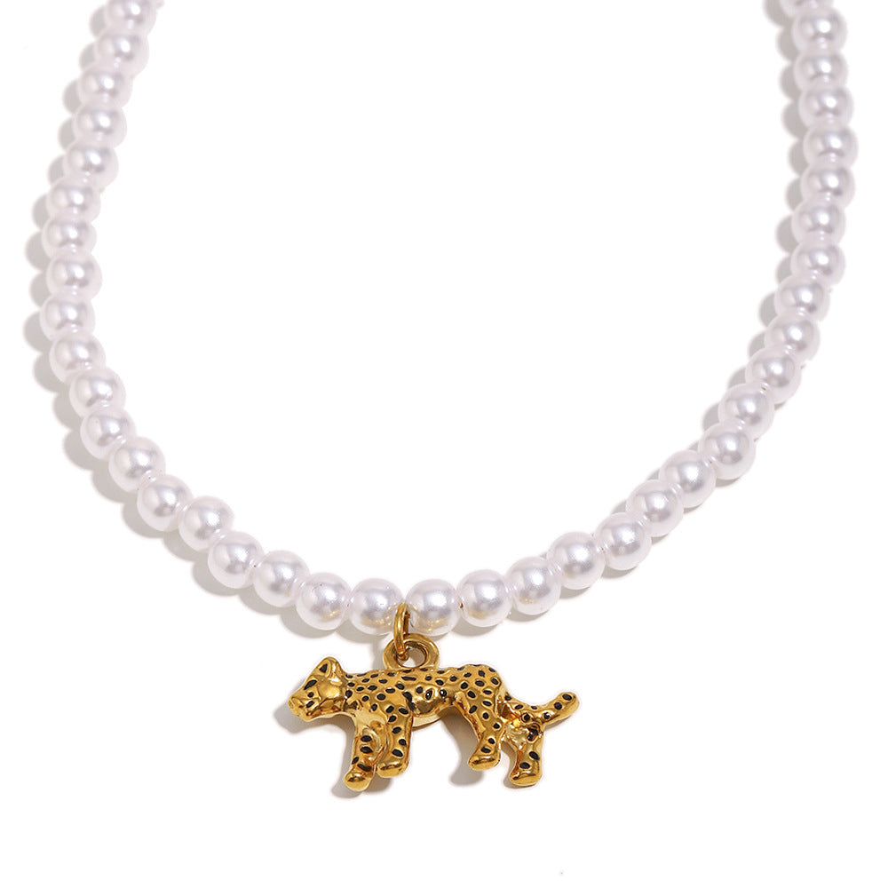 Minimalist Hollow Tiger Pendant Necklace for Women in Stainless Steel with 18K Gold Plating and Simulated Pearl Accents