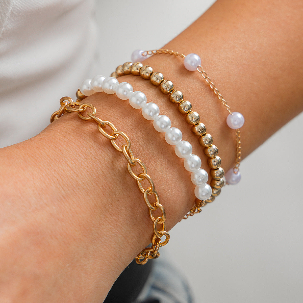 Minimalist Geometric Faux Pearl Plated Resin Beaded Bracelet Set for Women