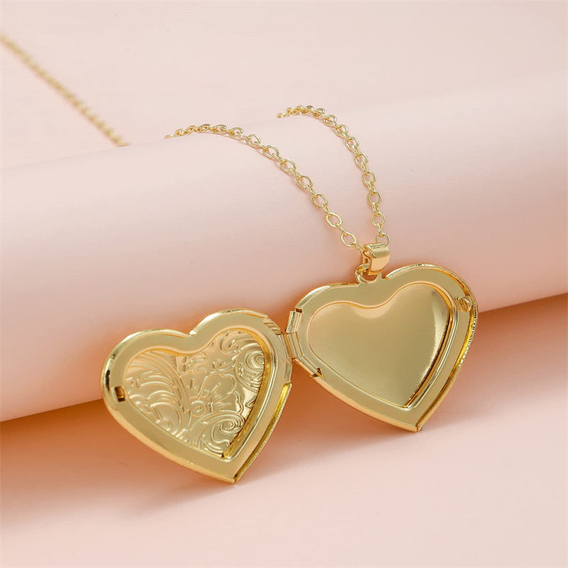 Natural Style Heart-Shaped Stainless Steel Necklace with Openable Photo Frame Pendant and Polished Finish for Women