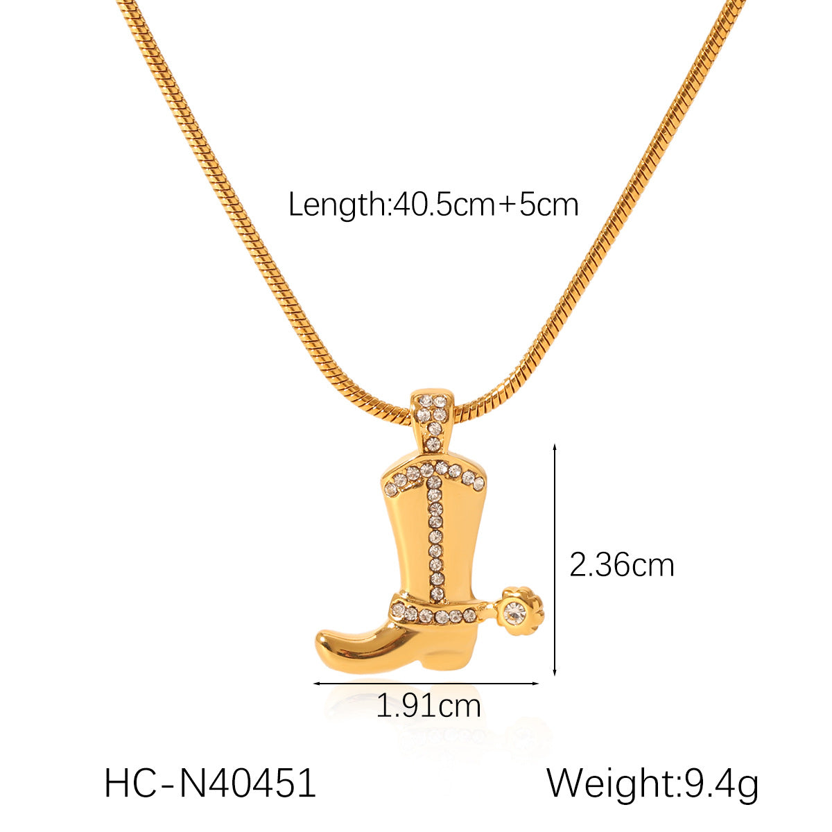 Minimalist Geometric Cowboy Boot Pendant Necklace in Stainless Steel with Rhinestone Inlay on Snake Chain